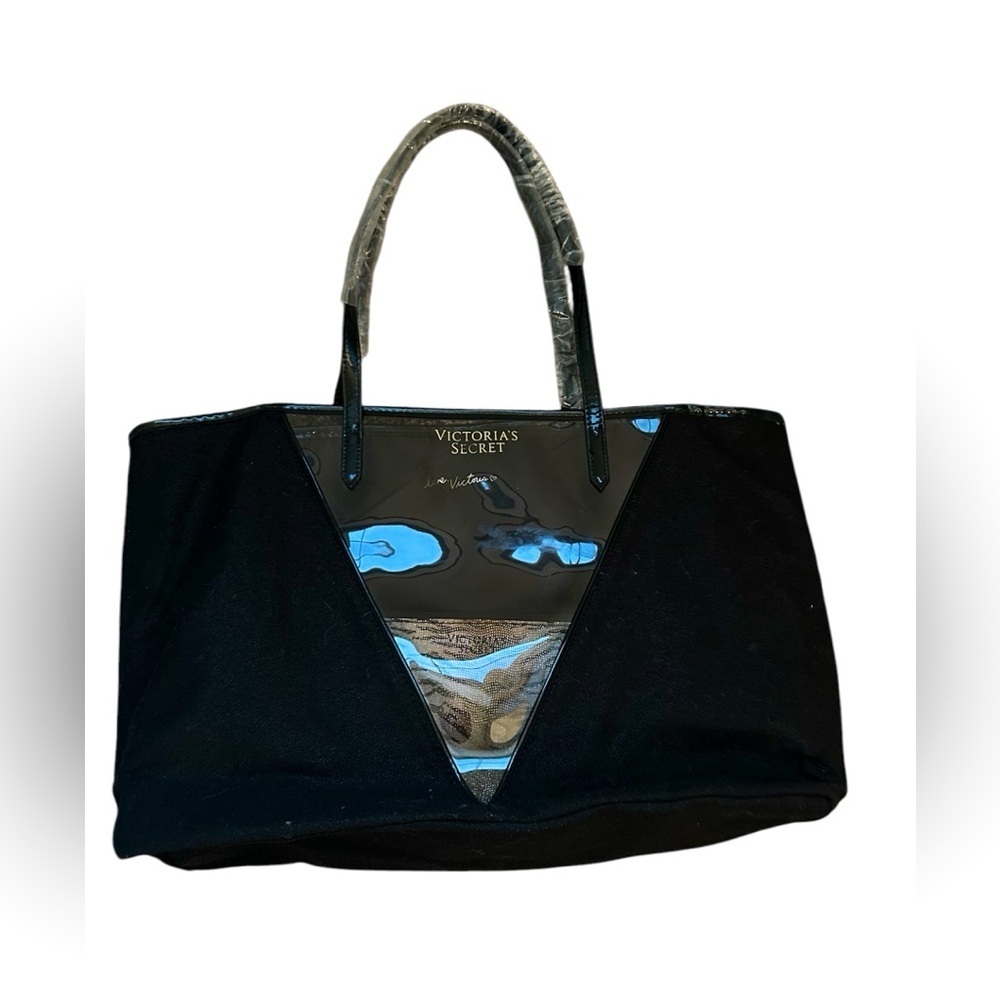 Victoria’s Secret NWT black shoulder tote with attached tiger striped mi…